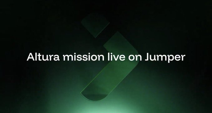 The image shows a white advertisement with green text and an arrow pointing downwards. It appears to be related to a video game or app, possibly Altura Mission Live on Jumper, which is suggested by some of the words found in the title or description. The content encourages users to "Swap any asset from any chain into AVLT via Jumper And instantly earn Jumper XP and get boosted real yield on top while you hold". This could be a promotional piece for an Altura Mission game or app, where users can exchange assets within the game by trading them with other players through Jumper.