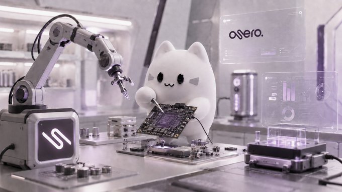 A cute white cat mascot works alongside a robotic arm to assemble circuit boards in a futuristic lab, with "Osero" displayed on a holographic screen. The image visually represents the partnership between Pieverse and Osero, symbolizing the integration of Osero Earn's stablecoin savings capabilities into autonomous agents.