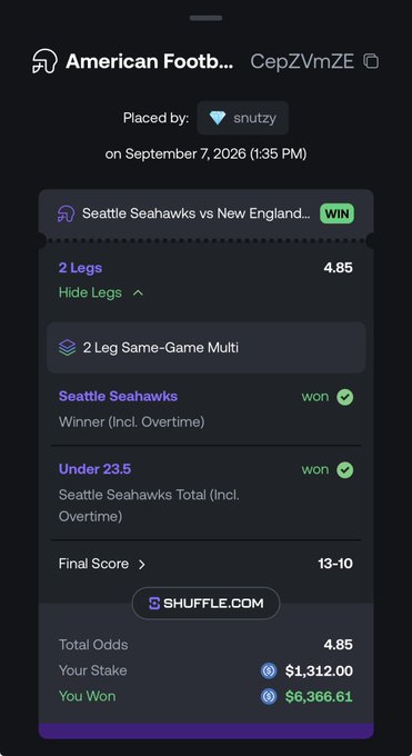 A screenshot showing a winning $1,312.00 bet on Shuffle.com that paid out $6,366.61 on a 2-leg same-game multi of the Seattle Seahawks beating New England 13-10, with the under 23.5 total also hitting at 4.85 odds. The post celebrates a profitable start to the NFL season and invites users to share their Shuffle.com username (referral code "snutzy") for a chance at a tip, with code users getting double.