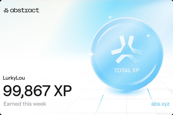 A digital achievement card from the abstract platform showing user LurkyLou earned 99,867 Total XP this week, featuring a blue orb with the Abstract logo.