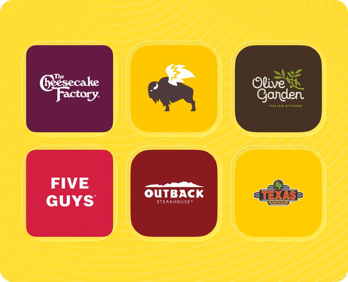 A yellow background graphic featuring app-style icons for six restaurant chains: The Cheesecake Factory, Buffalo Wild Wings, Olive Garden, Five Guys, Outback Steakhouse, and Texas Roadhouse.