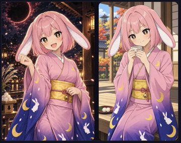 An illustration features a pink-haired anime girl with bunny ears in a pink kimono with bunny and moon patterns, shown in two side-by-side poses—one gesturing and one holding a cup.