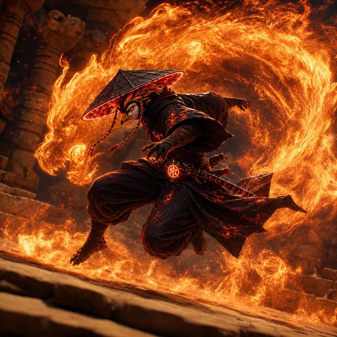 A dynamic illustration of a ninja-like character in dark robes and a wide conical hat leaps forward against a backdrop of swirling orange and yellow flames in an ancient stone setting.