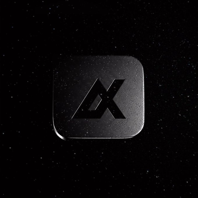 A sleek black square logo with an 'X' symbol, rendered with a glossy metallic finish against a dark starry background, appearing to be the X (formerly Twitter) branding.