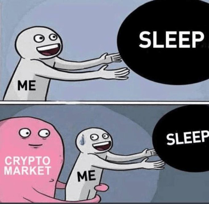 A two-panel meme shows a figure labeled "ME" happily reaching for "SLEEP" in the top panel, but in the bottom panel, a large pink figure labeled "CRYPTO MARKET" clings to "ME" from behind, leaving them sweating and still reaching for "SLEEP." The image humorously illustrates the struggle of trying to rest while the crypto market operates around the clock.