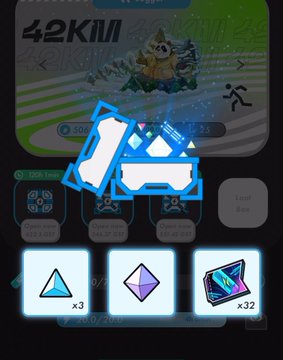 A Pokemon GO style game screenshot showing 4.2 km walked with collected items including x3, a purple gem, and x32 of a card item.