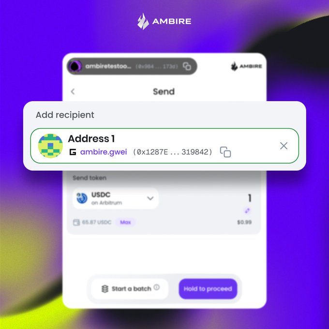 A screenshot of the Ambire wallet's "Send" interface showing a transaction to "Address 1" (ambire.gwei) for 1 USDC on Arbitrum, with a "Hold to proceed" button.
