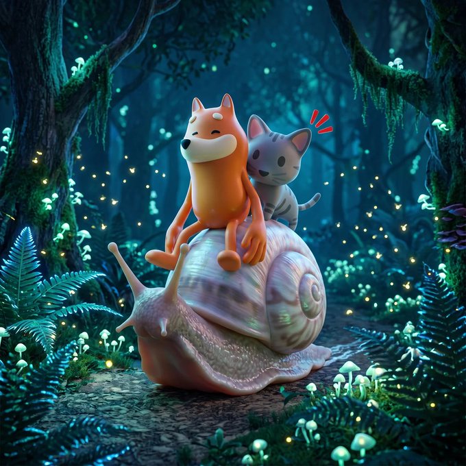 A whimsical 3D render of an orange dog and a gray cat sitting together on the shell of a large snail in a magical, bioluminescent forest.