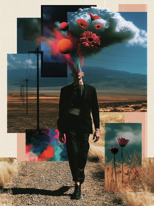 A surreal collage-style image of a figure in a dark suit walking down a dirt road, with their head replaced by a cloud and red flowers, set against a desert backdrop.