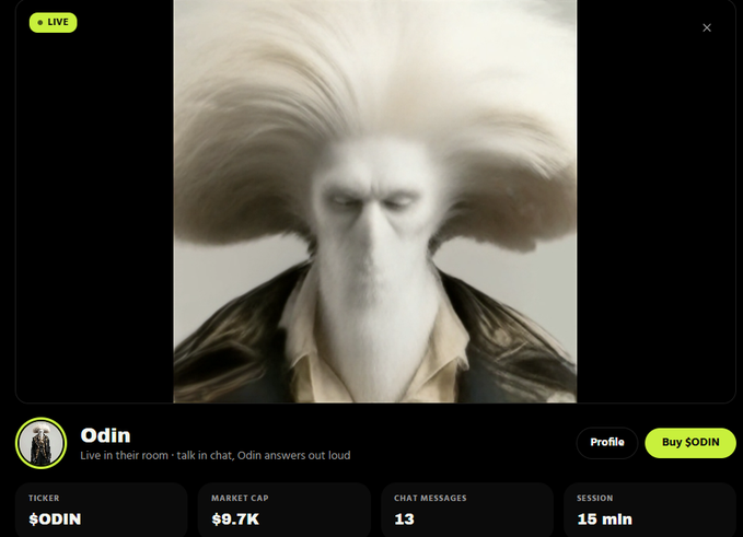 A livestream interface featuring a man in a large white wig and beard labeled 'Odin' with stats showing $ODIN ticker, $9.7K market cap, and 15 min session.