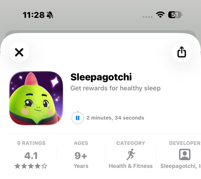 An App Store listing for "Sleepagotchi," showing a 4.1-star rating, ages 9+, Health & Fitness category, developed by Sleepagotchi Inc., with a runtime of 2 minutes 34 seconds. The listing relates to the post by highlighting the app where healthy sleep habits are rewarded through quests and streaks rather than meaningless grinding.