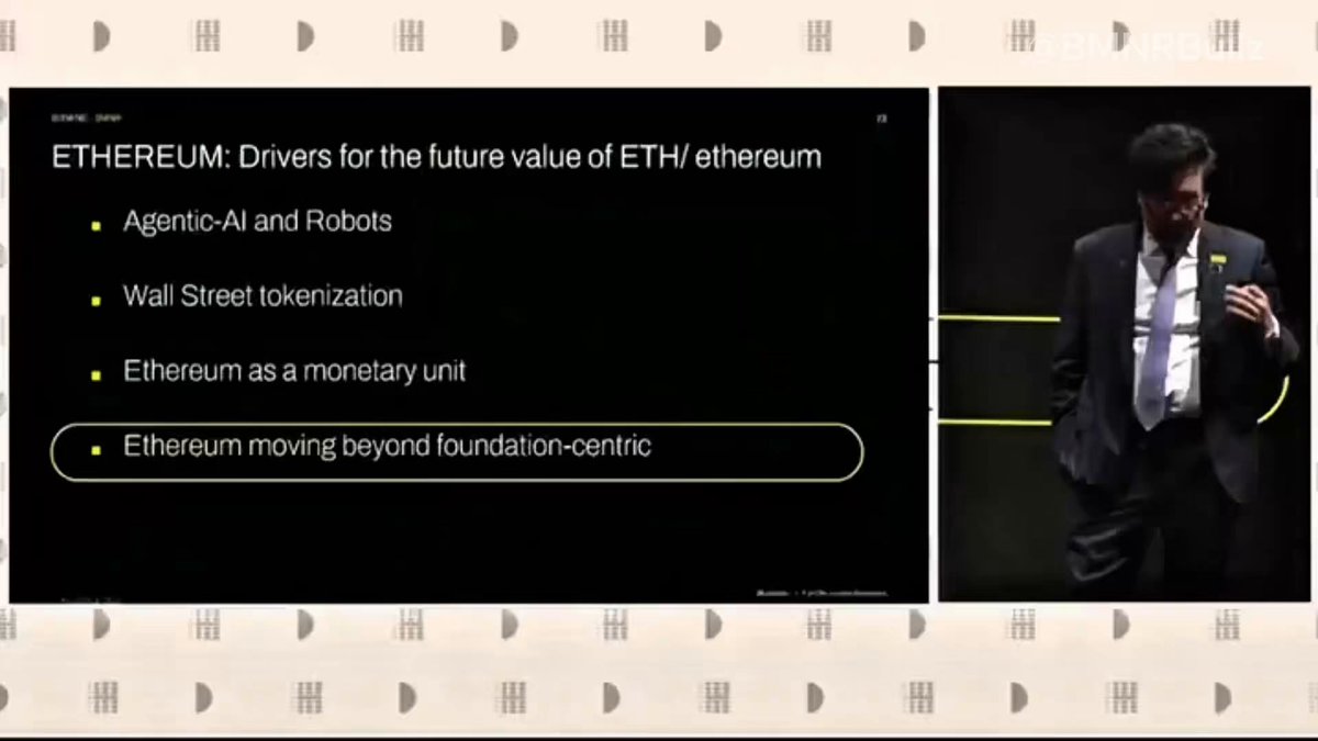 The image shows a presentation slide with a man standing behind it. The title of the slide reads "ETHEREUM.DRIVERS FOR THE FUTURE Value OF Ether/Ethereum", which is related to the Ethereum Foundation's role as an Ethereum developer and stakeholder in the cryptocurrency space. The post also mentions that the Ethereum Foundation is no longer the whole funding story, referring to a shift from grants to public ETH treasuries, staking rewards, L2s, and other forms of Ethereum-related assets.