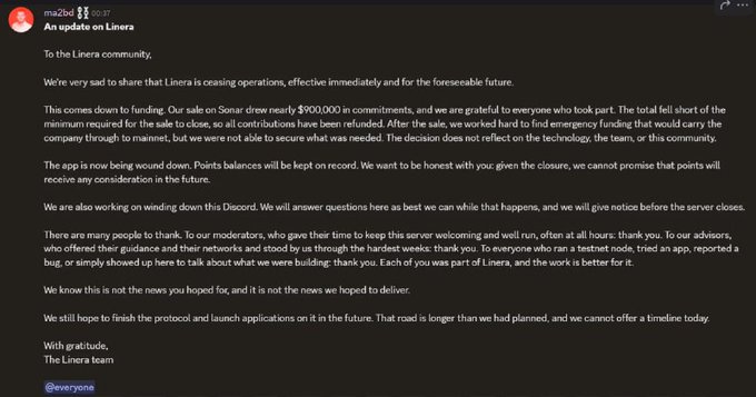 A Discord message from user 'ma2lid' announcing the shutdown of Linera operations, explaining that a funding sale on Sonar fell short of the minimum required.