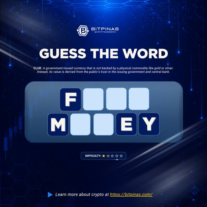 A 'GUESS THE WORD' puzzle from BitPinas Cryptocurrency, with the clue about fiat currency and revealed letters 'F', 'M', 'E', 'Y' partially filling the grid.