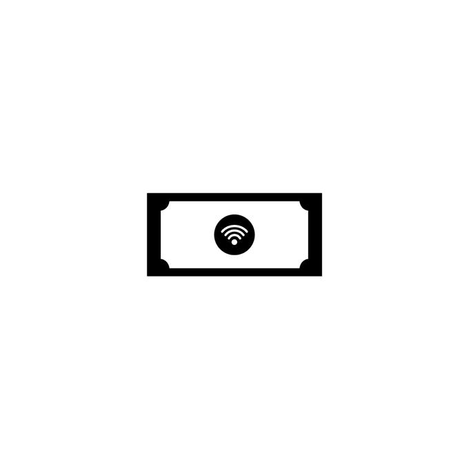 A minimalist black icon on a white background depicting a banknote or paper with a circular symbol containing a wifi-like signal design.