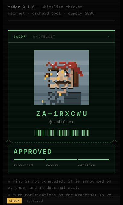 A terminal showing the 'zaddr 0.1.0 whitelist checker' for the orchard pool, displaying an 'APPROVED' status for user @manhbluex with code ZA-1RXCWU.