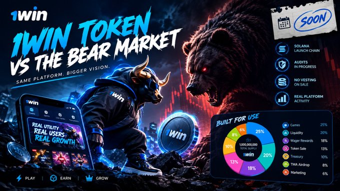 A promotional banner for '1WIN TOKEN VS THE BEAR MARKET' featuring a bull vs bear imagery, a token distribution pie chart, and details about the Solana launch chain.