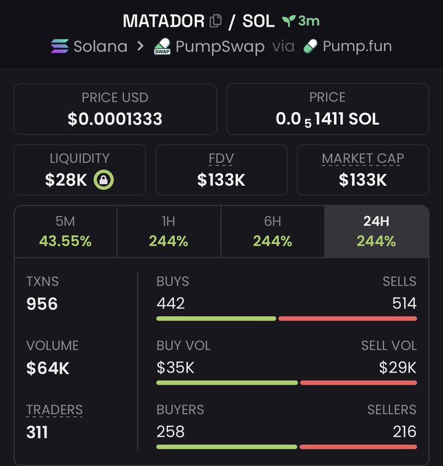 A cryptocurrency tracking dashboard showing MATADOR token on Solana via PumpSwap/Pump.fun with a price of $0.0001333, $28K liquidity, $133K FDV/market cap, 244% gains over 1H/6H/24H, and 956 transactions.