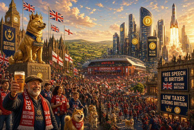 An AI-generated patriotic illustration showing a Dogecoin statue, Big Ben, Anfield stadium, crowds with English flags, and banners reading 'Restore Britain', 'Free Speech is British', and 'Low Taxes Strong Britain'.