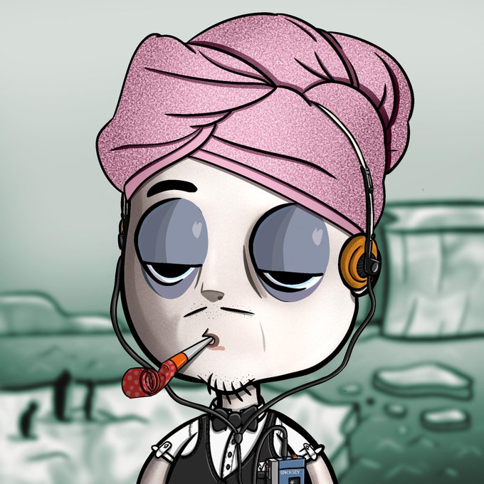 A cartoon-style illustration of a tired-looking character with a pink towel on their head, wearing headphones and smoking a pipe, with a Sonic Screwdriver visible in their pocket.