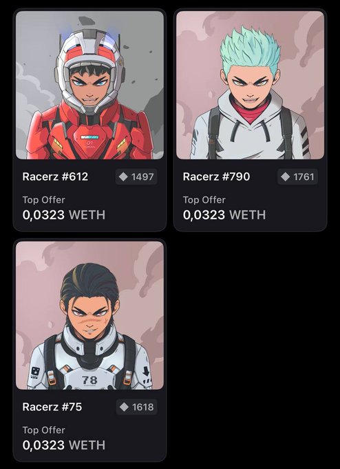 A marketplace interface displaying three NFT-style 'Racerz' characters (#612, #790, #75) priced at 0.0323 WETH each, showing diamond balances and 'Top Offer' labels.