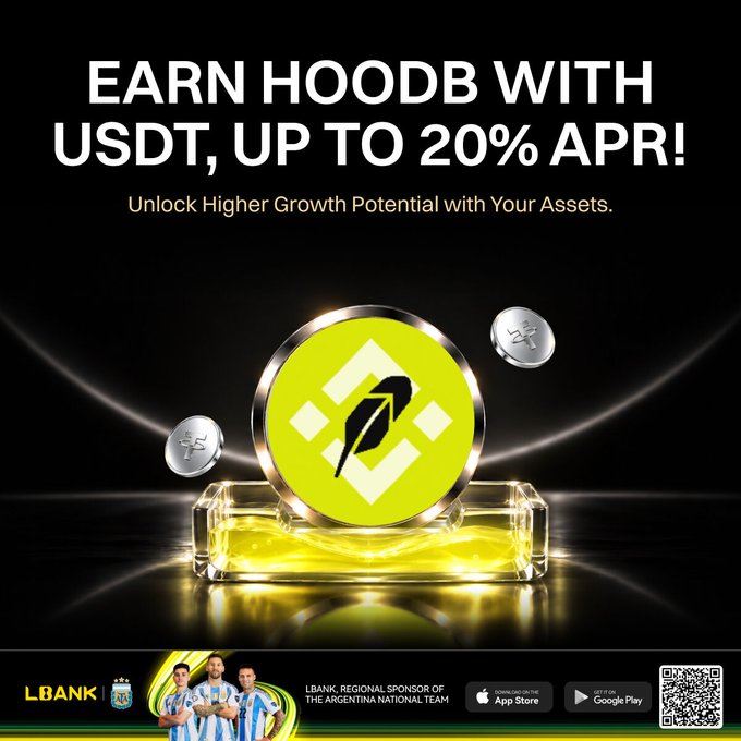 LBank advertisement promoting earning HOODB with USDT at up to 20% APR, featuring the Binance (HOODB) logo on a glowing golden coin and noting LBank as a regional sponsor of the Argentina National Team, aligning with the post's message about putting USDT to work for HOODB rewards.