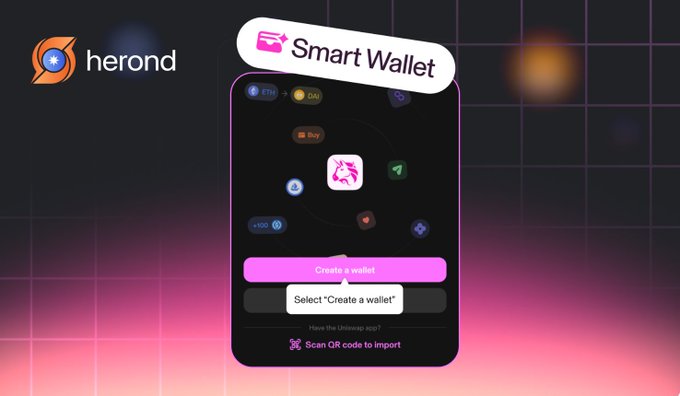 A promotional graphic for 'Herond Smart Wallet' showing a smartphone screen with a 'Create a wallet' button and crypto-related UI elements on a dark grid background.