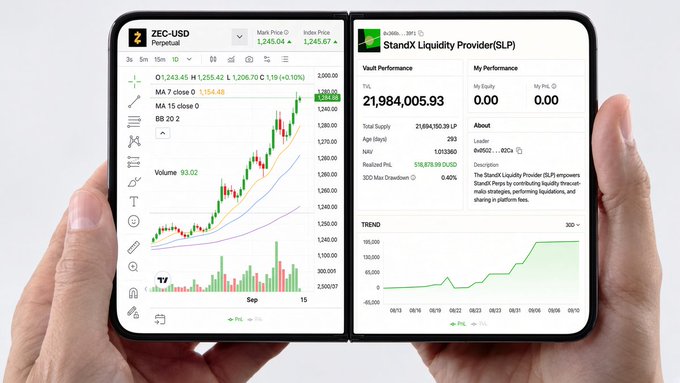 A foldable device displaying cryptocurrency trading charts for ZEC-USD perpetual futures and a StanDX Liquidity Provider (SLP) vault performance page.
