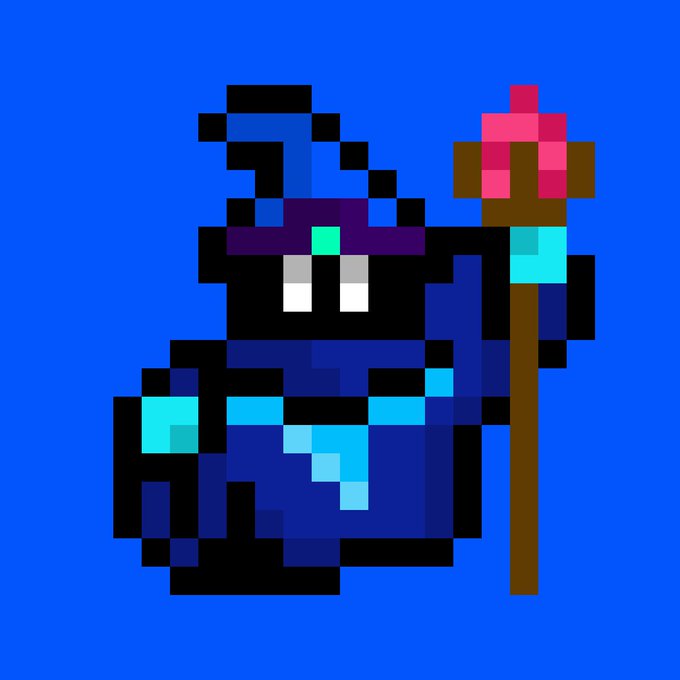 A pixel art wizard character with a pointed blue hat and robe holds a wooden staff topped with a pink crystal, set against a solid blue background. The image serves as a profile picture for the post, representing the user's ZardsNFT Conjurer avatar as they announce their participation in OtherBallz within OthersideMeta.