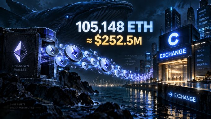 Digital illustration showing 105,148 ETH (approximately $252.5M) flowing from an unknown wallet toward a crypto exchange in a futuristic waterfront city at night.