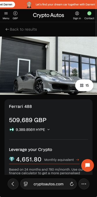 A mobile screenshot from cryptoautos.com showing a grey Ferrari 488 listed for 509,689 GBP, payable in 9,389.85611 HYPE.