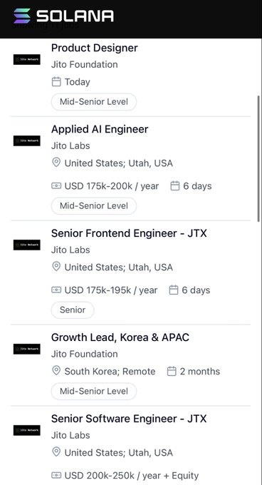 Solana job listings page showing positions at Jito Foundation and Jito Labs including Product Designer, Applied AI Engineer, and Senior Software Engineer roles.