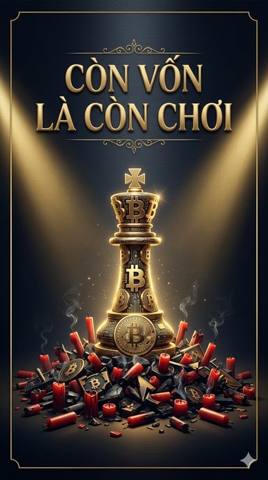 Promotional graphic with Vietnamese text 'CÒN VỐN LÀ CÒN CHƠI' (As long as there's capital, there's still playing) featuring a golden Bitcoin chess king piece surrounded by candles and crypto coins.