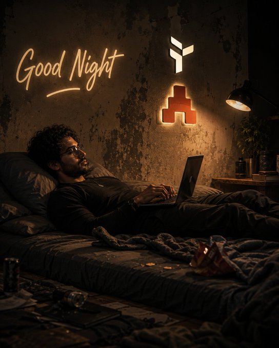 A moody scene of a man with curly hair and glasses lying in bed using a laptop in a dimly lit room, illuminated by a neon 'Good Night' sign, a wall lamp, and a desk lamp, with scattered items like a bottle and a bag on the bed.