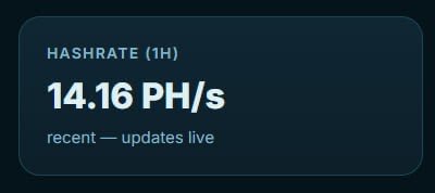 In this image, there is a screenshot of a text box with white-colored text that reads "14.16 PH/s" which appears to be an update or a progress indicator for a hashrate calculation. The text box has a rectangular shape, and it fills most of the screen. The background color of the image is black, providing a stark contrast against the white text in the screenshot.