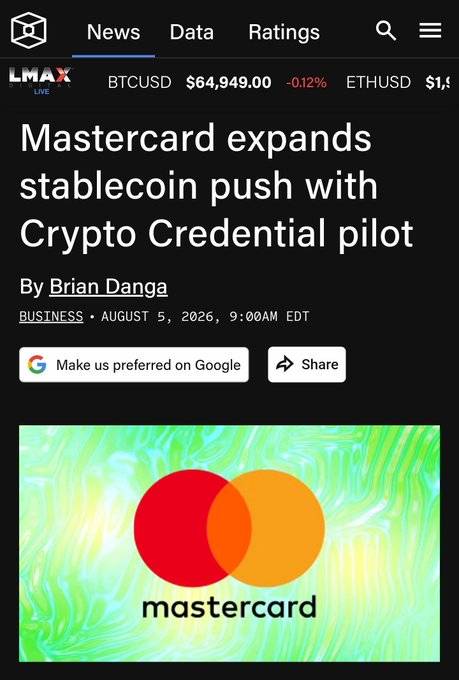 The image shows a news article headline "Mastercard expands stablecoin push with Crypto Credential pilot" by Brian Danga, dated August 5, 2026, alongside LMAX Exchange data showing BTCUSD at $64,949.00 (-0.12%) and ETHUSD at $1,8xx, with the Mastercard logo displayed below. The article relates to the post's point by signaling that major traditional payment infrastructure like Mastercard is moving on-chain with stablecoins, lending credibility and momentum to Pi Network's ($pi) ambitions to build its own payment DApp and real-world utility trading environment rather than it being seen as an isolated effort.