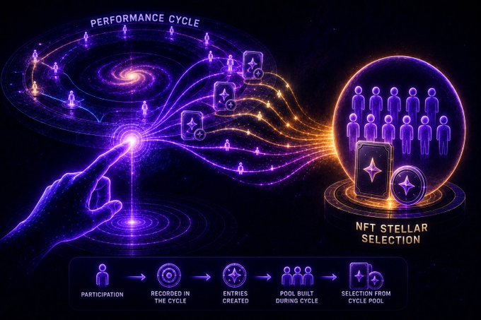 A futuristic neon infographic titled 'PERFORMANCE CYCLE' showing a glowing hand interacting with a spiral, flowing into a group of human figures inside a sphere labeled 'NFT STELLAR SELECTION', with a bottom legend showing: Participation, Recorded in the Cycle, Entries Created, Pool Built During Cycle, Selection from Cycle Pool.
