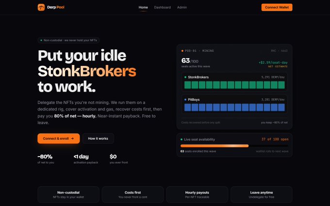 A dark-themed website for 'Derp Pool' advertises putting idle 'StonkBrokers' to work, showing a mining dashboard with 63 seats active and payouts of -80% net, <1 day activation, and $0 fees.