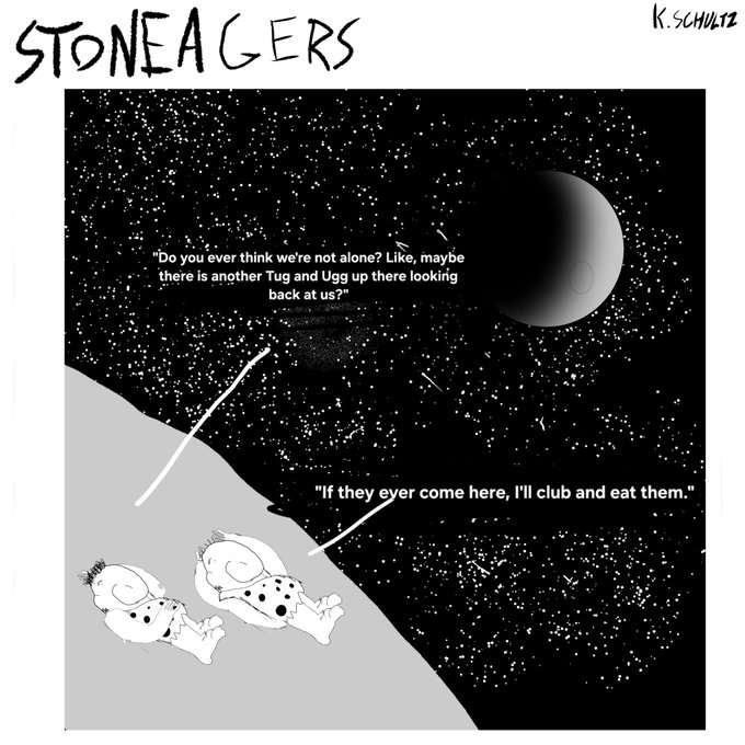 A "Stoneagers" comic by K. Schultz shows two prehistoric figures lying under a starry sky, with one asking, "Do you ever think we're not alone? Like, maybe there is another Tug and Ugg up there looking back at us?" and the other responding, "If they ever come here, I'll club and eat them."

The cartoon humorously parallels the post's warning about centralized exchanges like Coinbase being unreliable during BTC volatility—likening traders who trust these congested platforms to cavemen naively staring at the sky while danger (missed trades and price slippage) looms overhead.