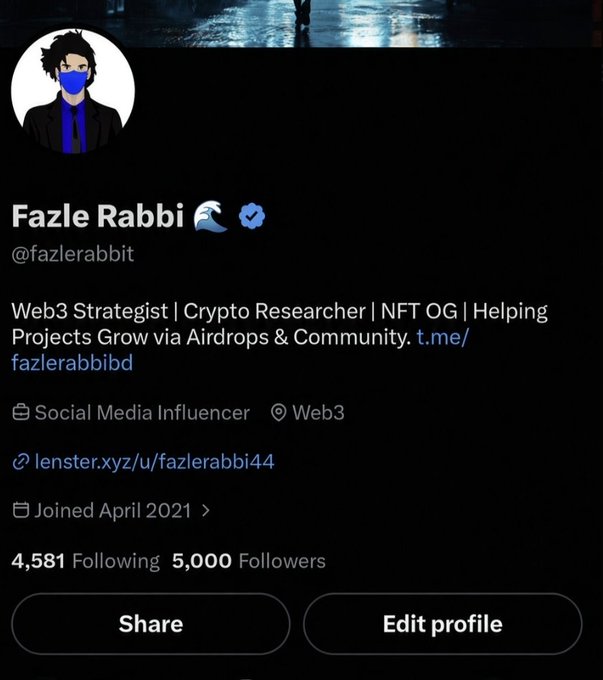 Twitter/X profile page for 'Fazle Rabbi' (@fazlerabbit), described as a 'Web3 Strategist | Crypto Researcher | NFT OG' with 4,581 following and 5,000 followers, joined April 2021.