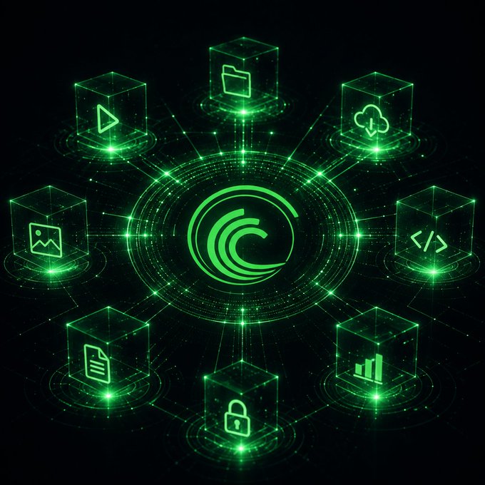 A glowing green digital network features a central "C" logo surrounded by eight illuminated cubes containing icons for folders, cloud storage, media play, code (</>), images, documents, security (lock), and analytics—visually representing the interconnected decentralized ecosystem of Web3 services (storage, sharing, security, and infrastructure) that the post highlights BitTorrent as building.