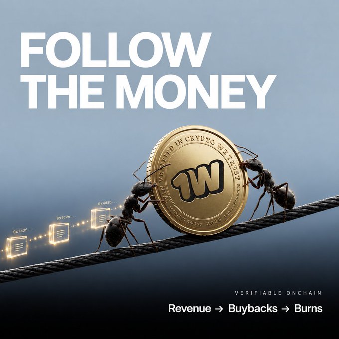 A bold "FOLLOW THE MONEY" headline sits above a gold 1WIN token (labeled "CERTIFIED IN CRYPTO WE TRUST") being carried by two ants along a wire, with blockchain blocks trailing behind, while the tagline "Verifiable Onchain: Revenue → Buybacks → Burns" reinforces the post's argument that $1WIN's value depends on tracing platform revenue into a transparent onchain loop.