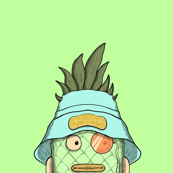 A cartoon pineapple character wearing a light blue bucket hat with a paisley patch, featuring an eye patch, peeks over the bottom of the frame against a green background, matching the playful "Pino WL Mint" NFT collection referenced on OpenSea.