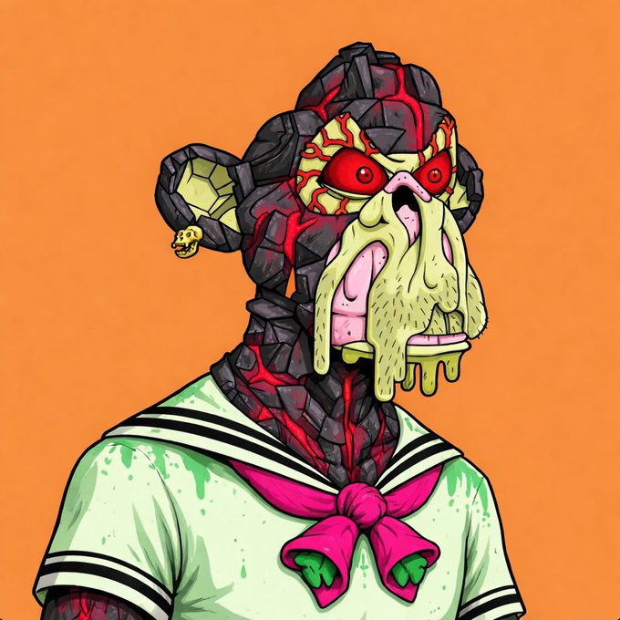 A vibrant illustration depicts a monstrous, Lovecraftian character with a rock-like head featuring glowing red eyes and dripping yellowish tentacles for a mouth, wearing a sailor-style school uniform with a pink bow tie.