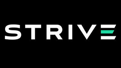 A minimalist logo on a black background that reads 'STRIVE' in white and gray text, with a teal accent line on the letter 'E'.