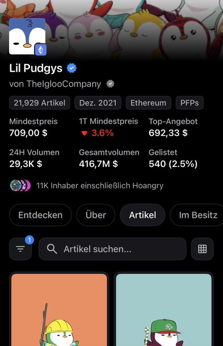 A mobile screenshot displays an NFT collection called 'Lil Pudgys' by ThelglooCompany on Ethereum, showing a floor price of $709.00 and a 24H volume of $29.3K.