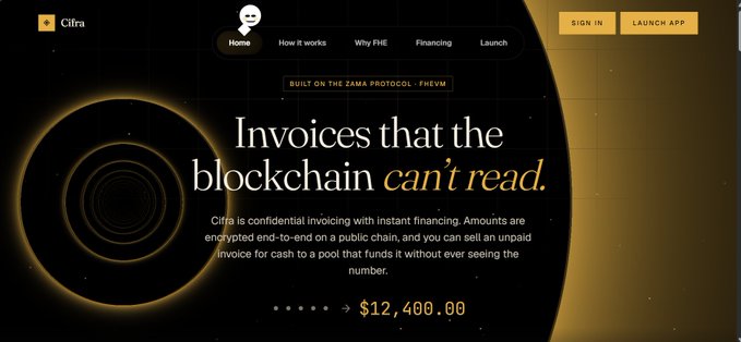 The image shows the homepage of "Cifra," a confidential invoicing platform built on the Zama Protocol (FHEVM), featuring the tagline "Invoices that the blockchain can't read" and displaying a sample invoice amount of $12,400.00. The platform enables encrypted end-to-end invoicing on a public chain with instant financing, aligning with the post's suggestion to build similar confidential financial use cases on Morpho Midnight.