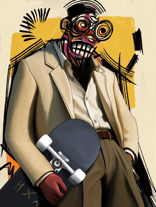 A stylized digital illustration depicts a figure in a beige suit holding a skateboard, with a graffiti-style, cartoonish face superimposed on top.