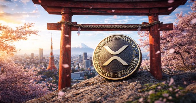 A golden XRP coin sits on a rocky surface beneath a traditional Japanese torii gate, with Tokyo Tower and Mount Fuji visible against a backdrop of cherry blossoms. The "JPYC will run on $XRP" caption ties the imagery's Japanese cultural elements to the token's planned launch on the XRP Ledger.