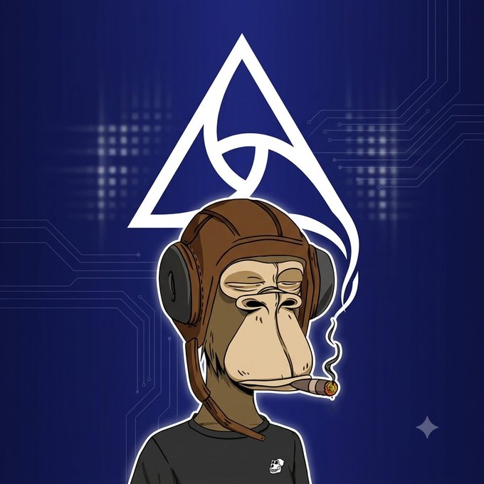 A digital illustration shows a Bored Ape-style NFT character wearing a brown aviator helmet and smoking a cigar, set against a dark blue circuit board background with a white geometric logo.